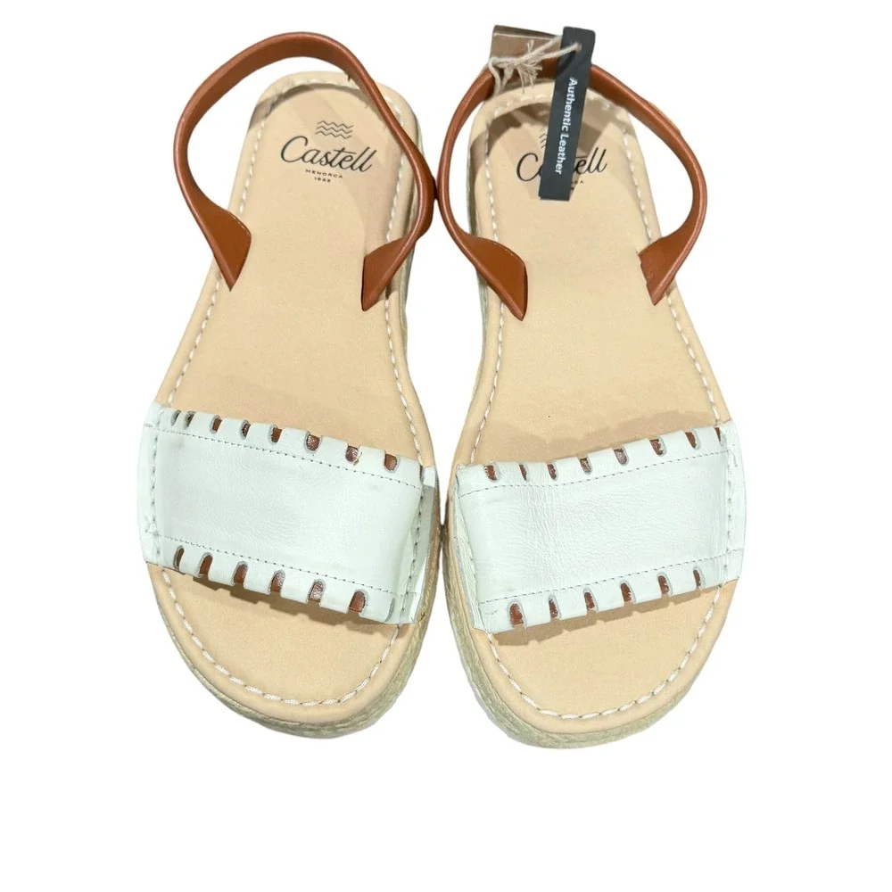 Castell Menorca Menorquina Sandals Womens 7.5 White Brown Leather Espadrille NWT